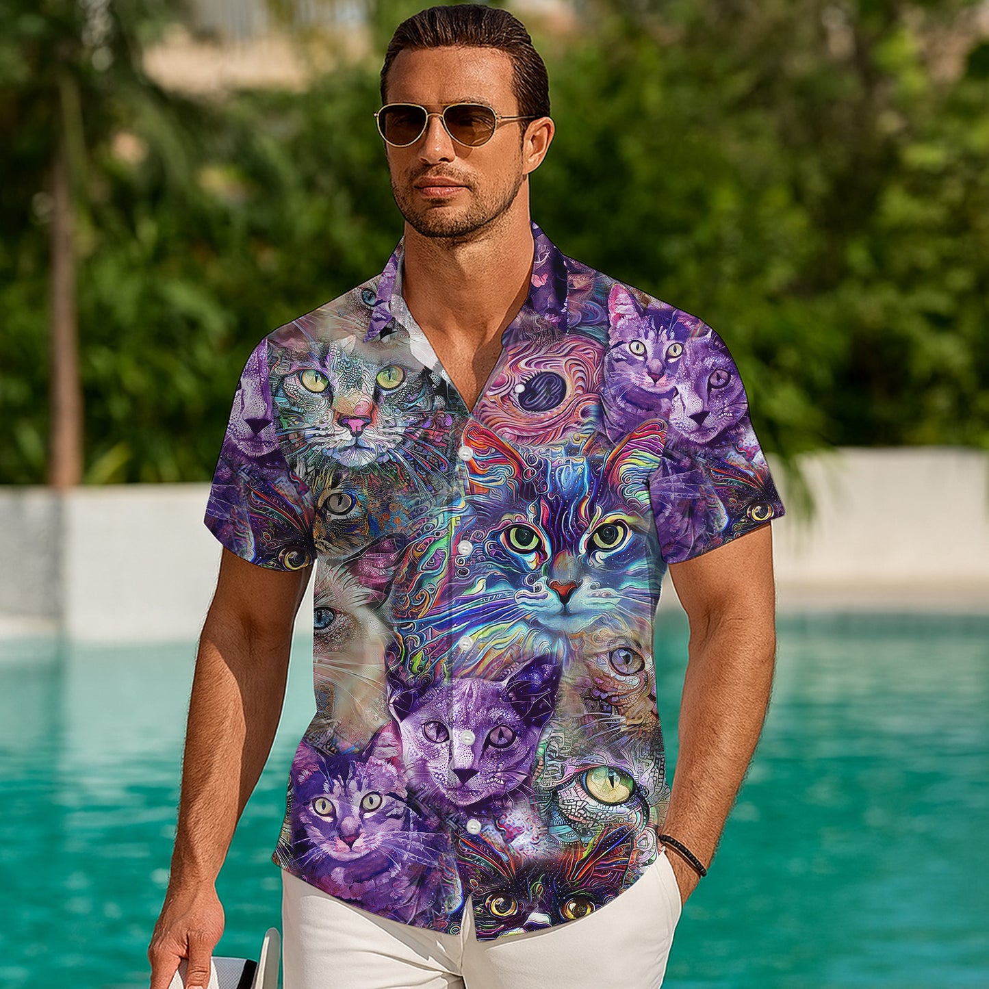 Artistic Colorful Cat Pattern Hawaiian Shirt for Men & Women Psychedelic Aloha