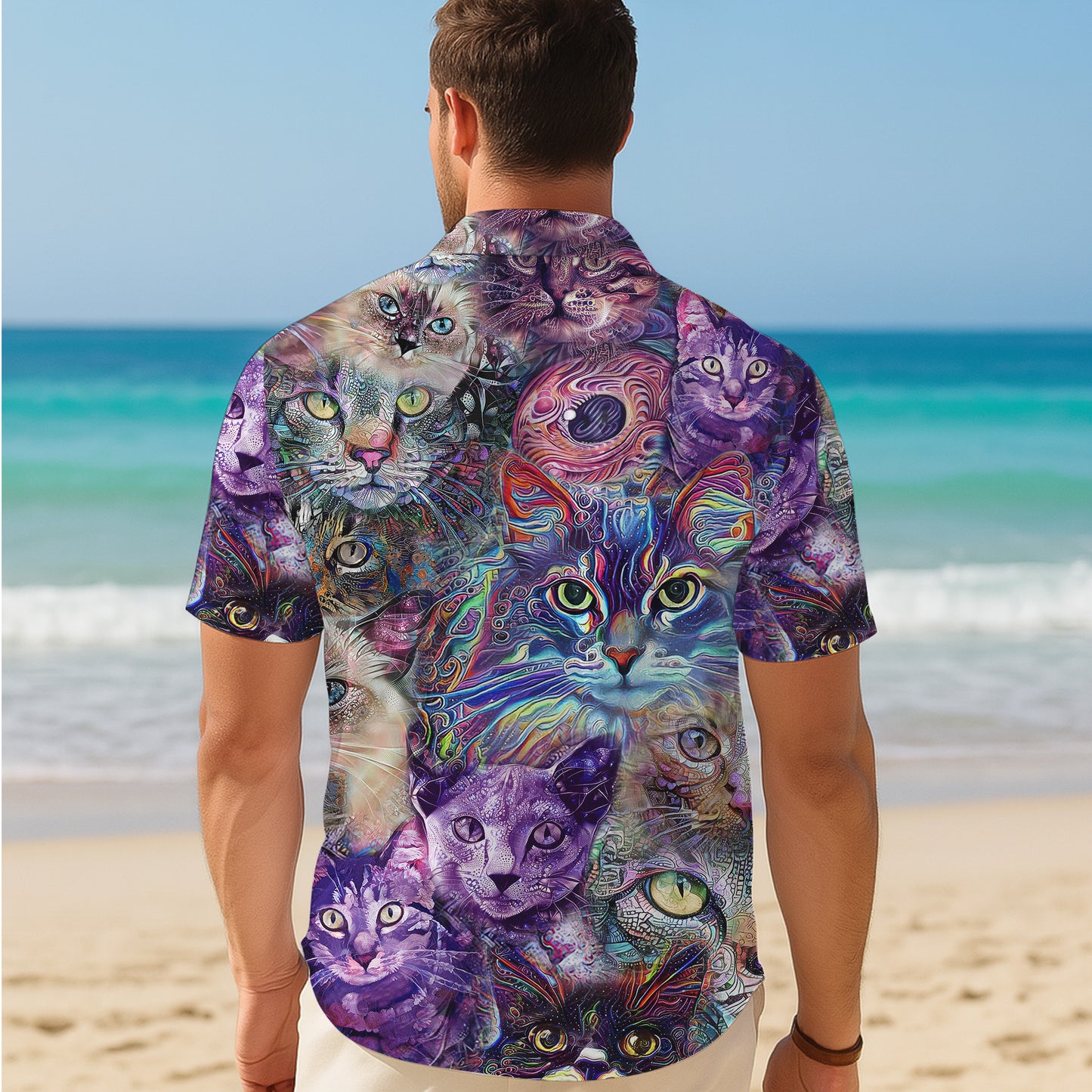 Artistic Colorful Cat Pattern Hawaiian Shirt for Men & Women Psychedelic Aloha