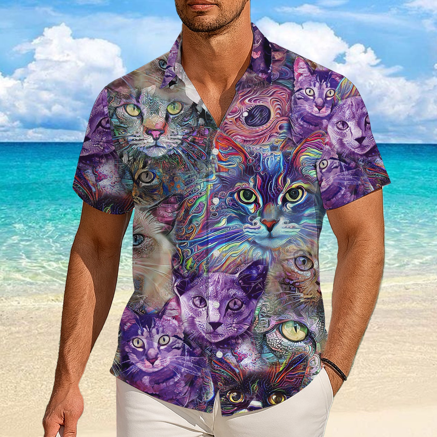 Artistic Colorful Cat Pattern Hawaiian Shirt for Men & Women Psychedelic Aloha