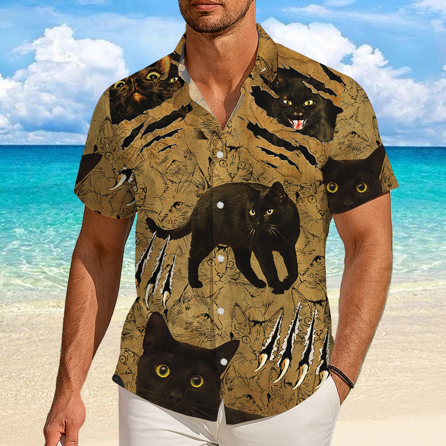 Black Cat Claw Scratch Artistic Pattern Hawaiian Shirt Men Women Casual Aloha