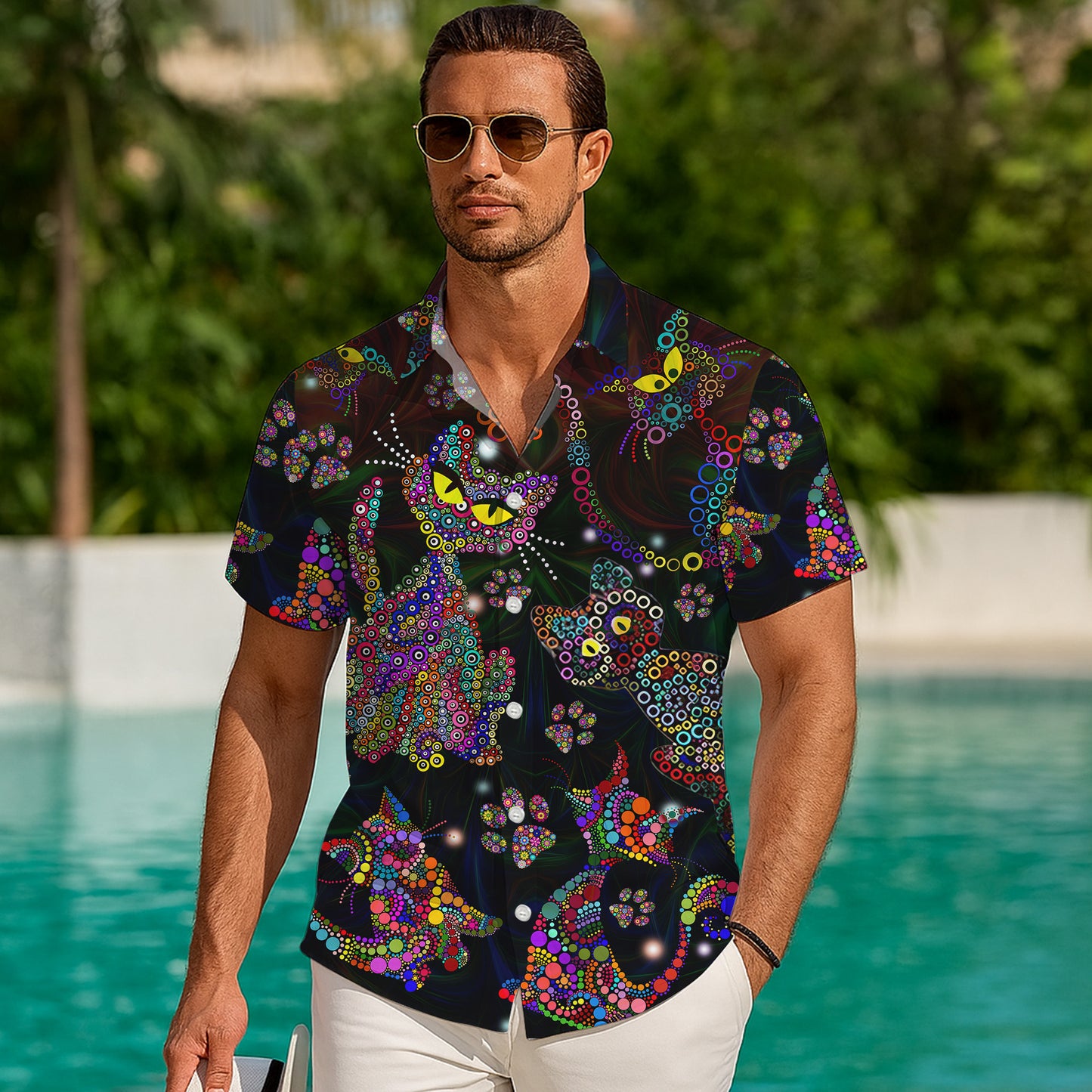 Colorful Polka Dot Cat Pattern Hawaiian Shirt for Men & Women Artistic Aloha