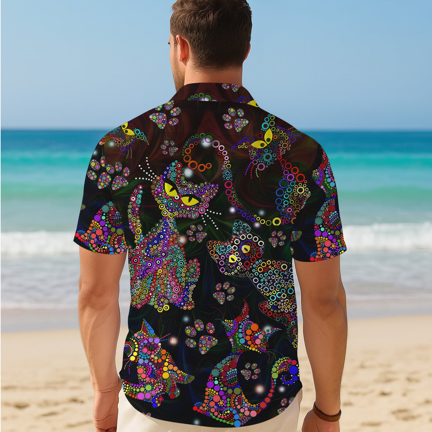 Colorful Polka Dot Cat Pattern Hawaiian Shirt for Men & Women Artistic Aloha