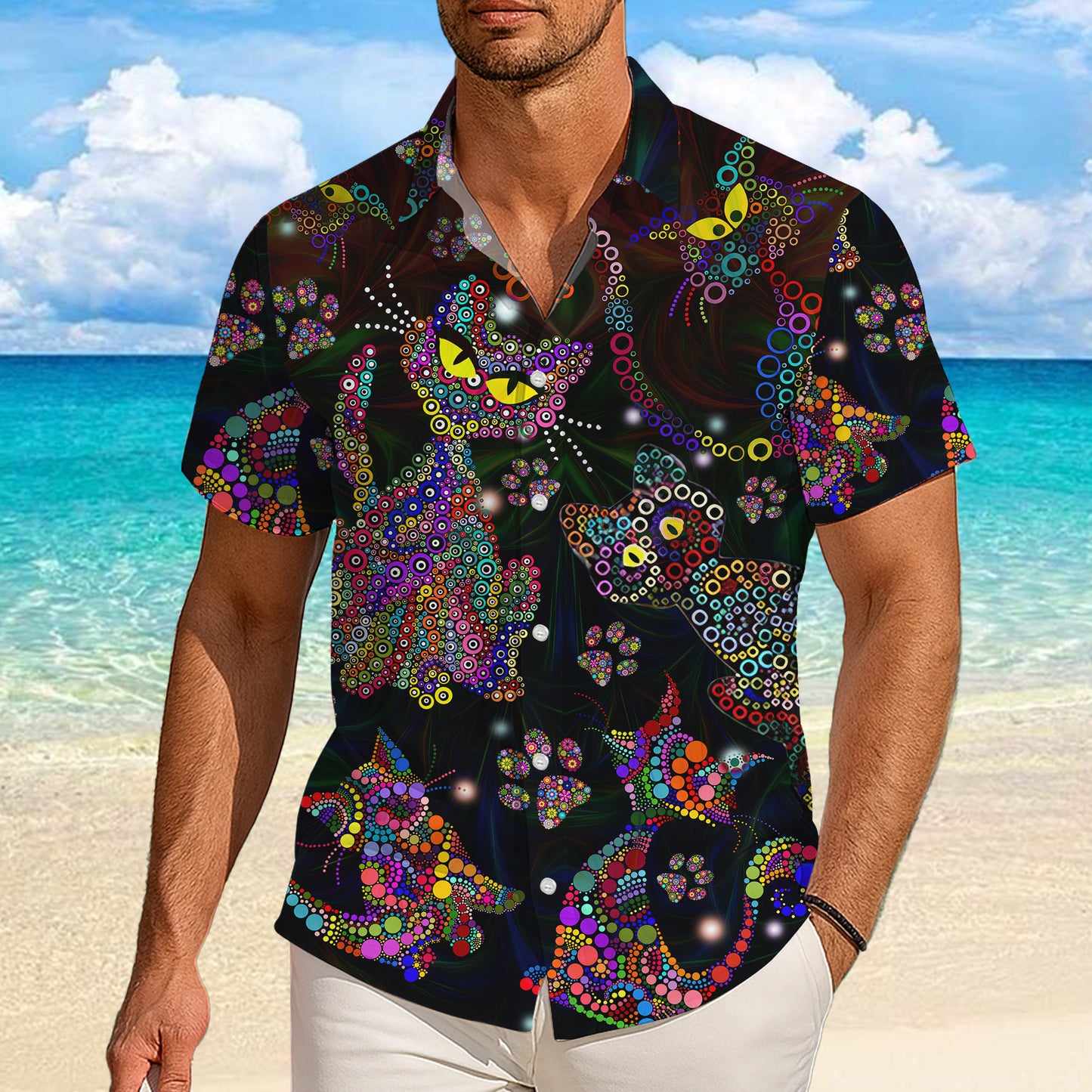 Colorful Polka Dot Cat Pattern Hawaiian Shirt for Men & Women Artistic Aloha