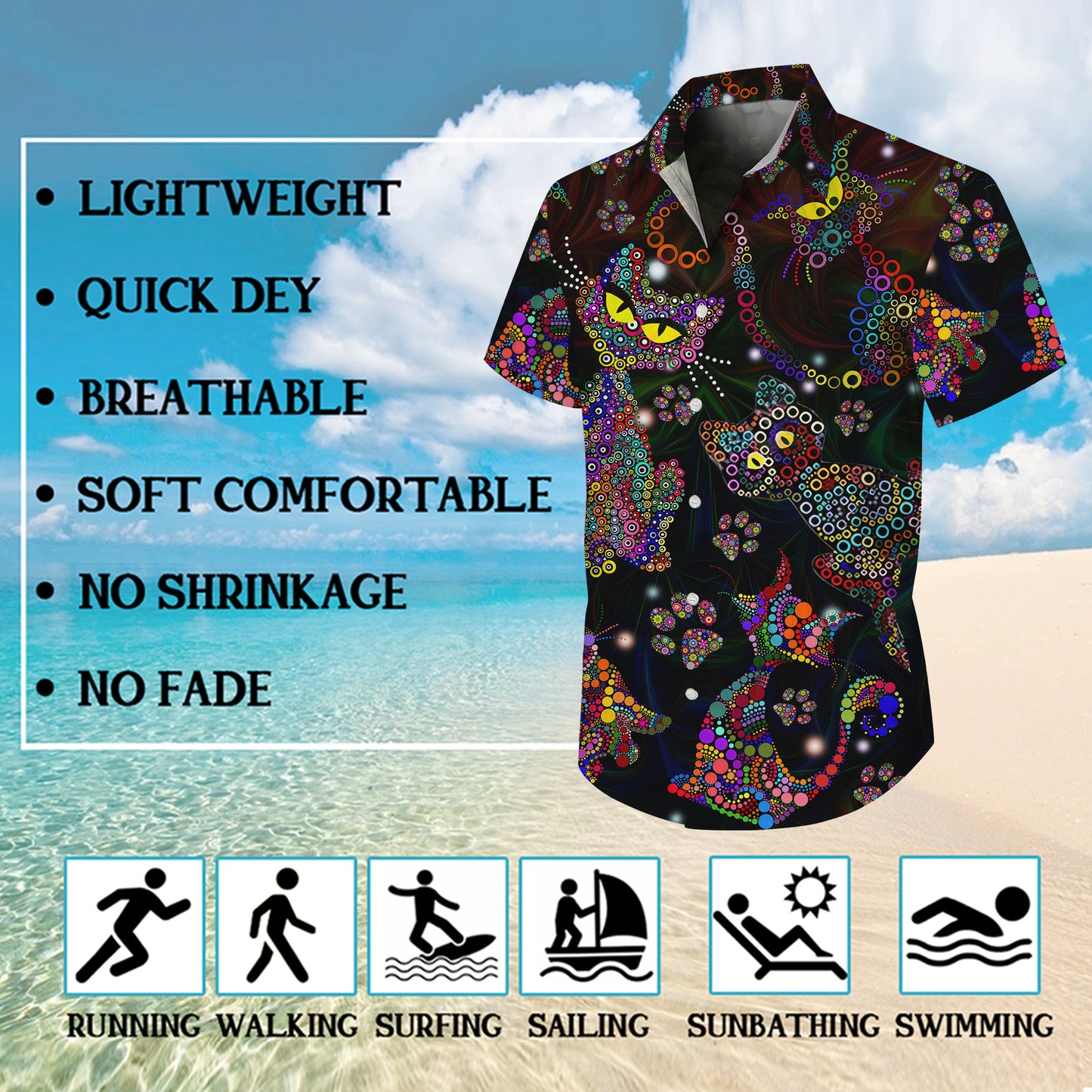 Colorful Polka Dot Cat Pattern Hawaiian Shirt for Men & Women Artistic Aloha