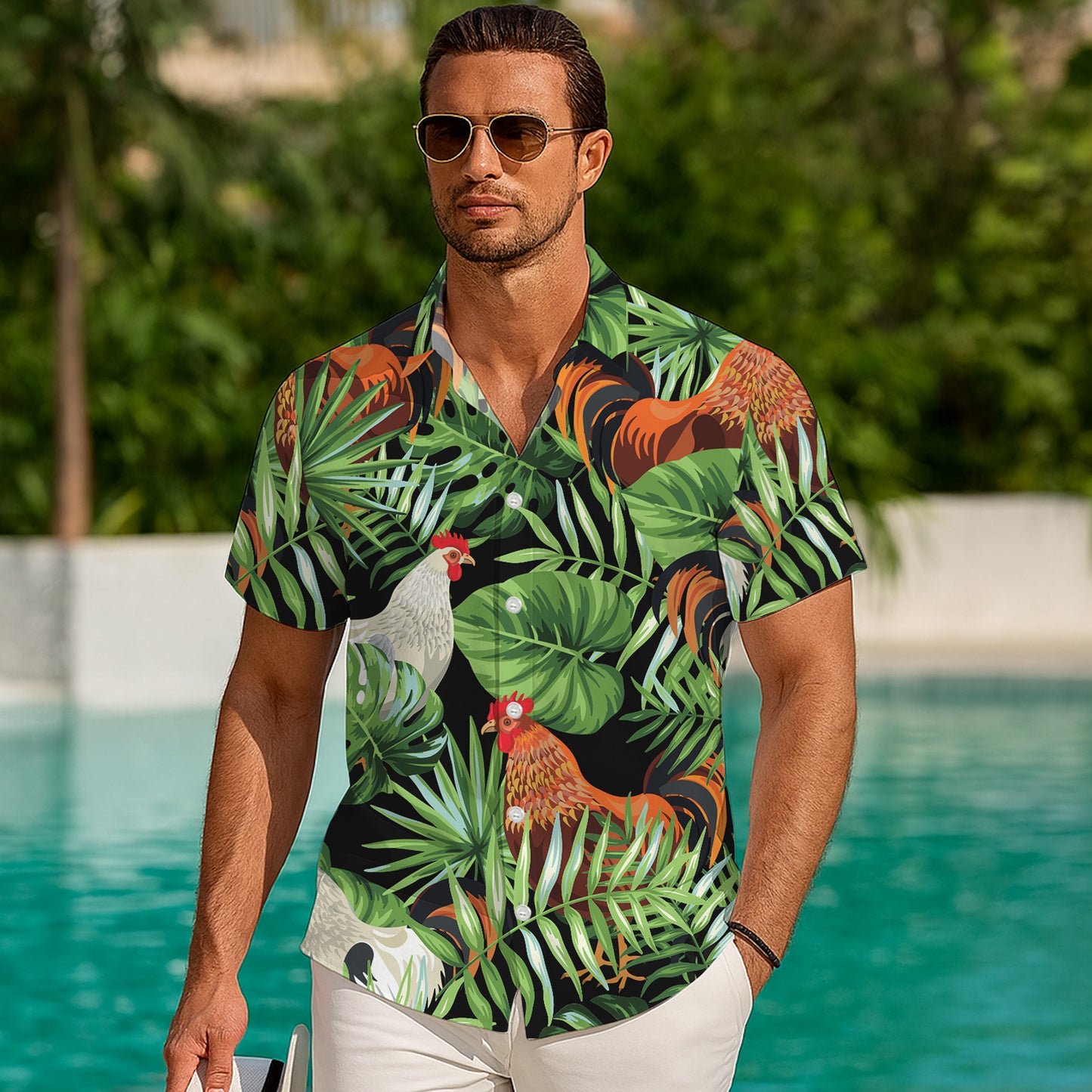 Rooster Tropical Jungle Palm Leaves Pattern Hawaiian Shirt Men Women Aloha