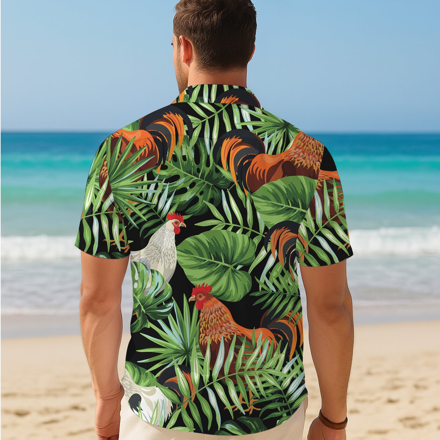 Rooster Tropical Jungle Palm Leaves Pattern Hawaiian Shirt Men Women Aloha