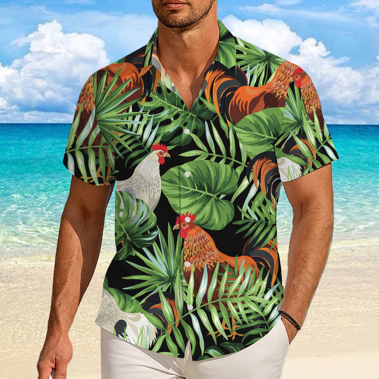 Rooster Tropical Jungle Palm Leaves Pattern Hawaiian Shirt Men Women Aloha