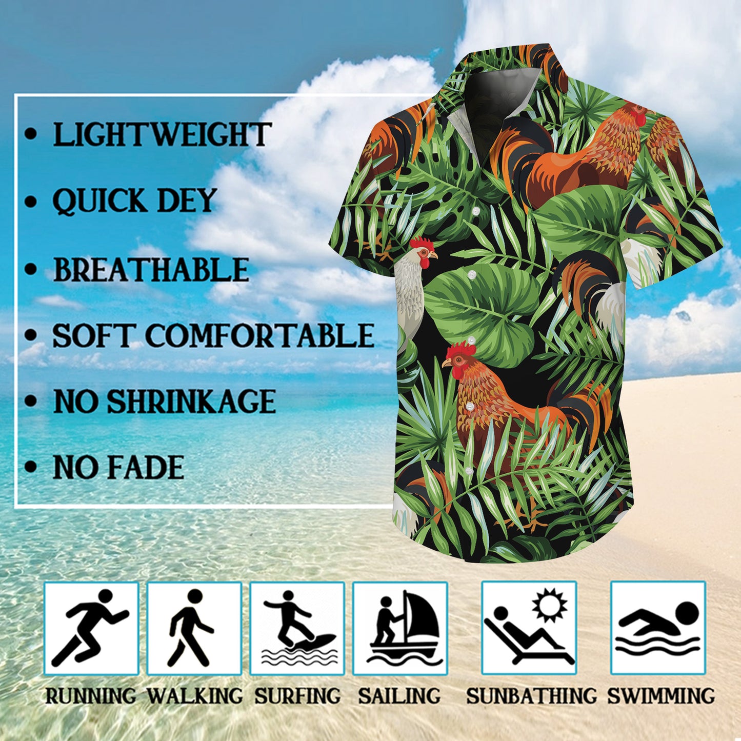 Rooster Tropical Jungle Palm Leaves Pattern Hawaiian Shirt Men Women Aloha