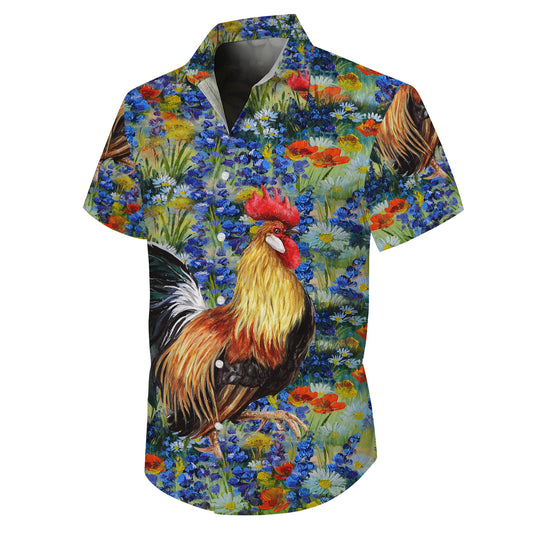 Rooster Floral Garden Artistic Painting Pattern Hawaiian Shirt Men Women Aloha