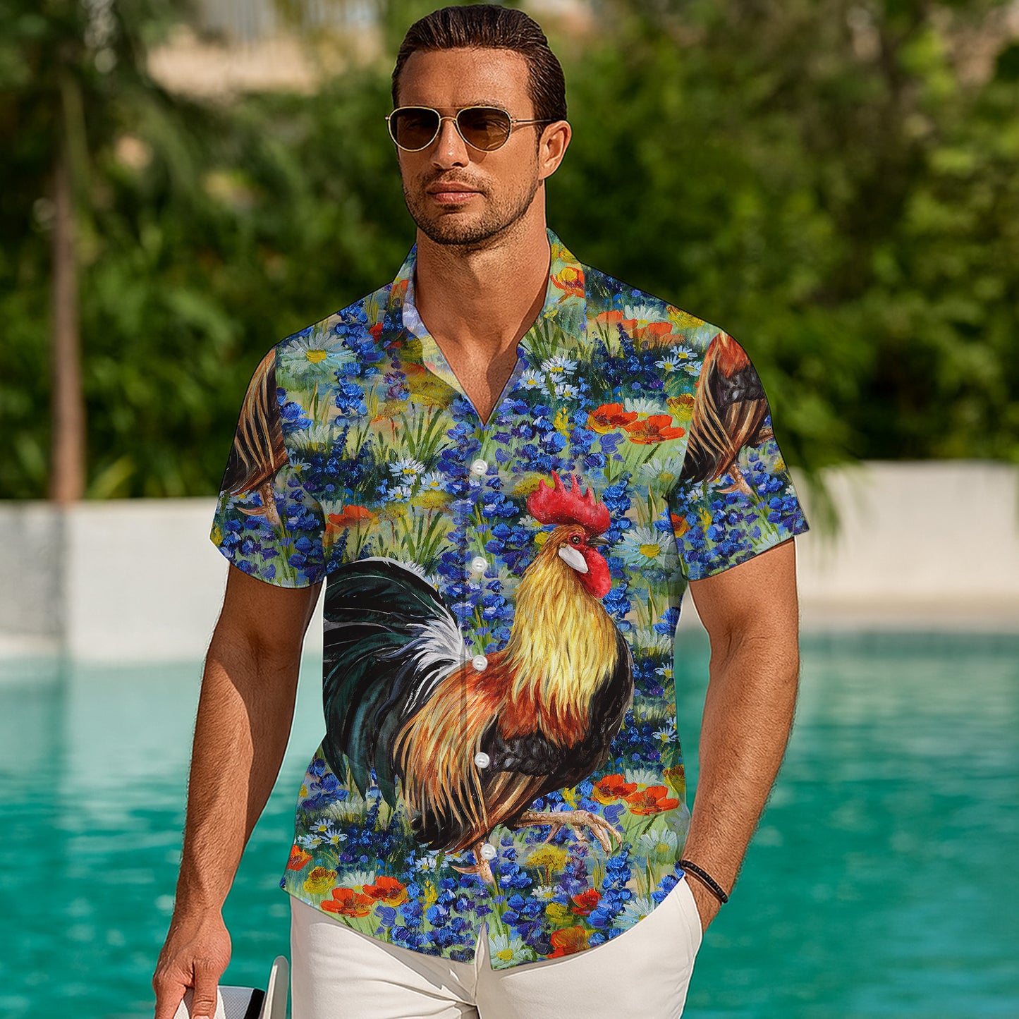 Rooster Floral Garden Artistic Painting Pattern Hawaiian Shirt Men Women Aloha