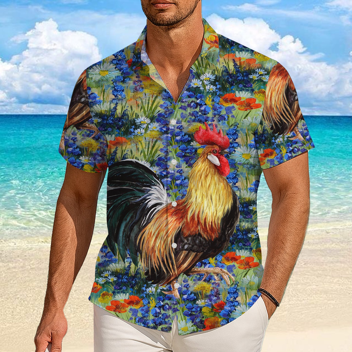 Rooster Floral Garden Artistic Painting Pattern Hawaiian Shirt Men Women Aloha