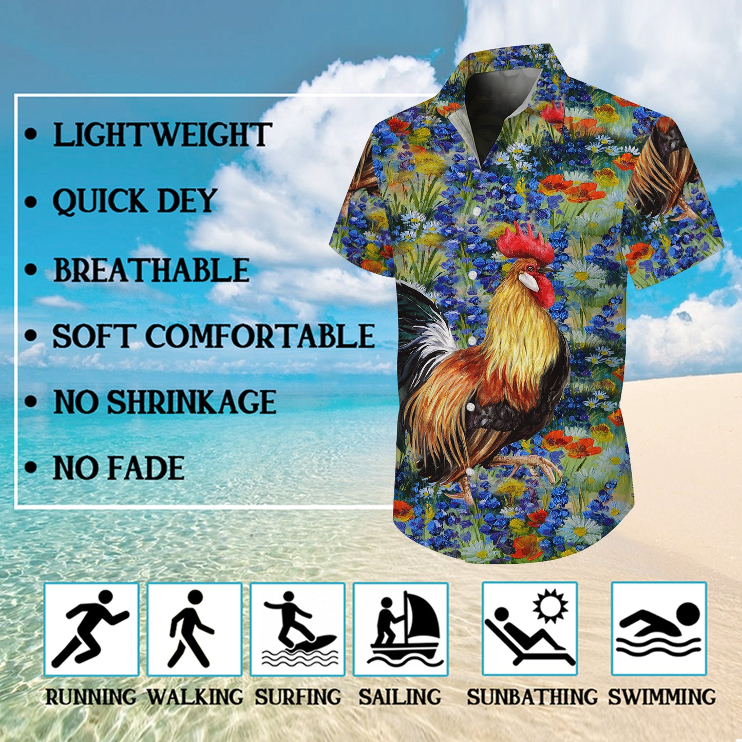 Rooster Floral Garden Artistic Painting Pattern Hawaiian Shirt Men Women Aloha