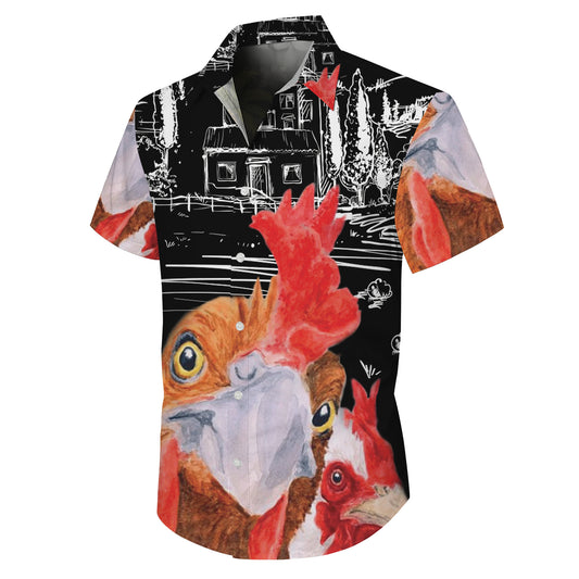 Rooster & Farm House Sketch Art Pattern Hawaiian Shirt Men Women Casual Aloha