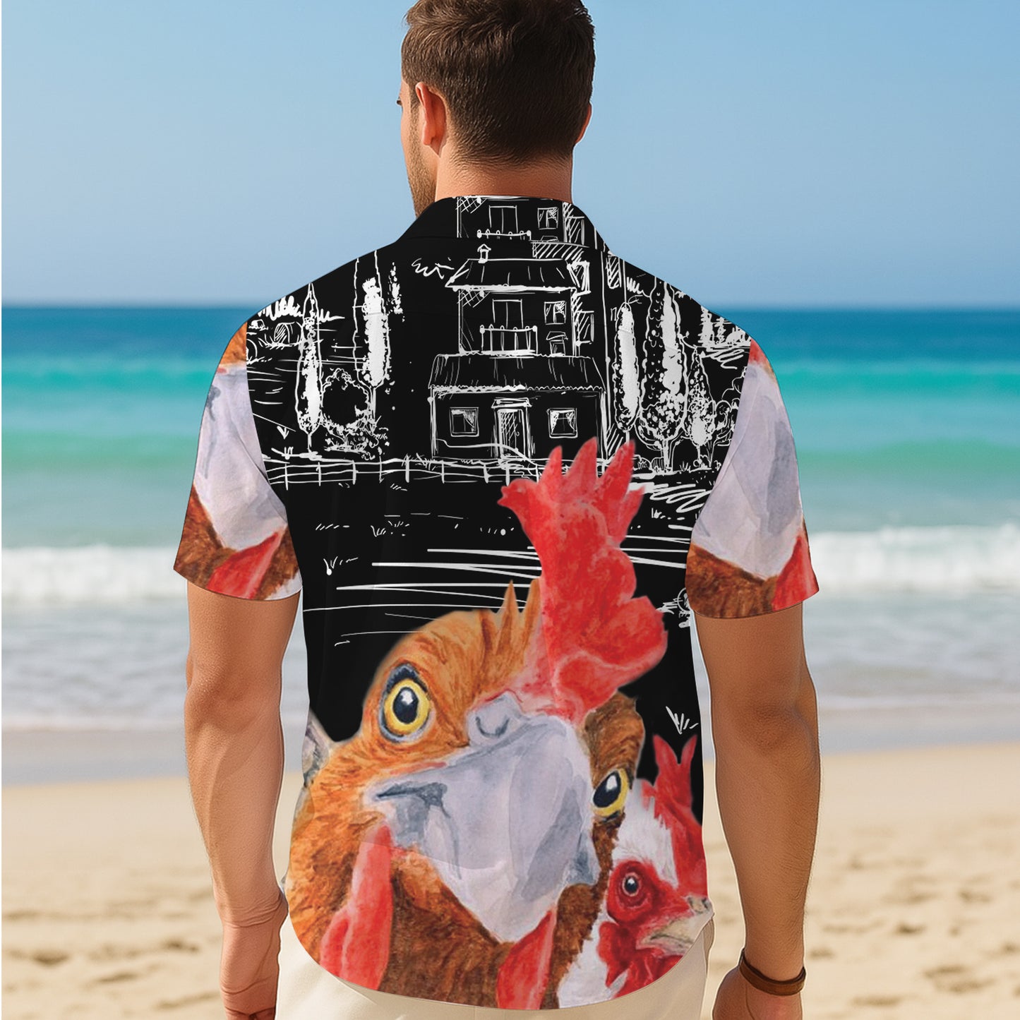 Rooster & Farm House Sketch Art Pattern Hawaiian Shirt Men Women Casual Aloha