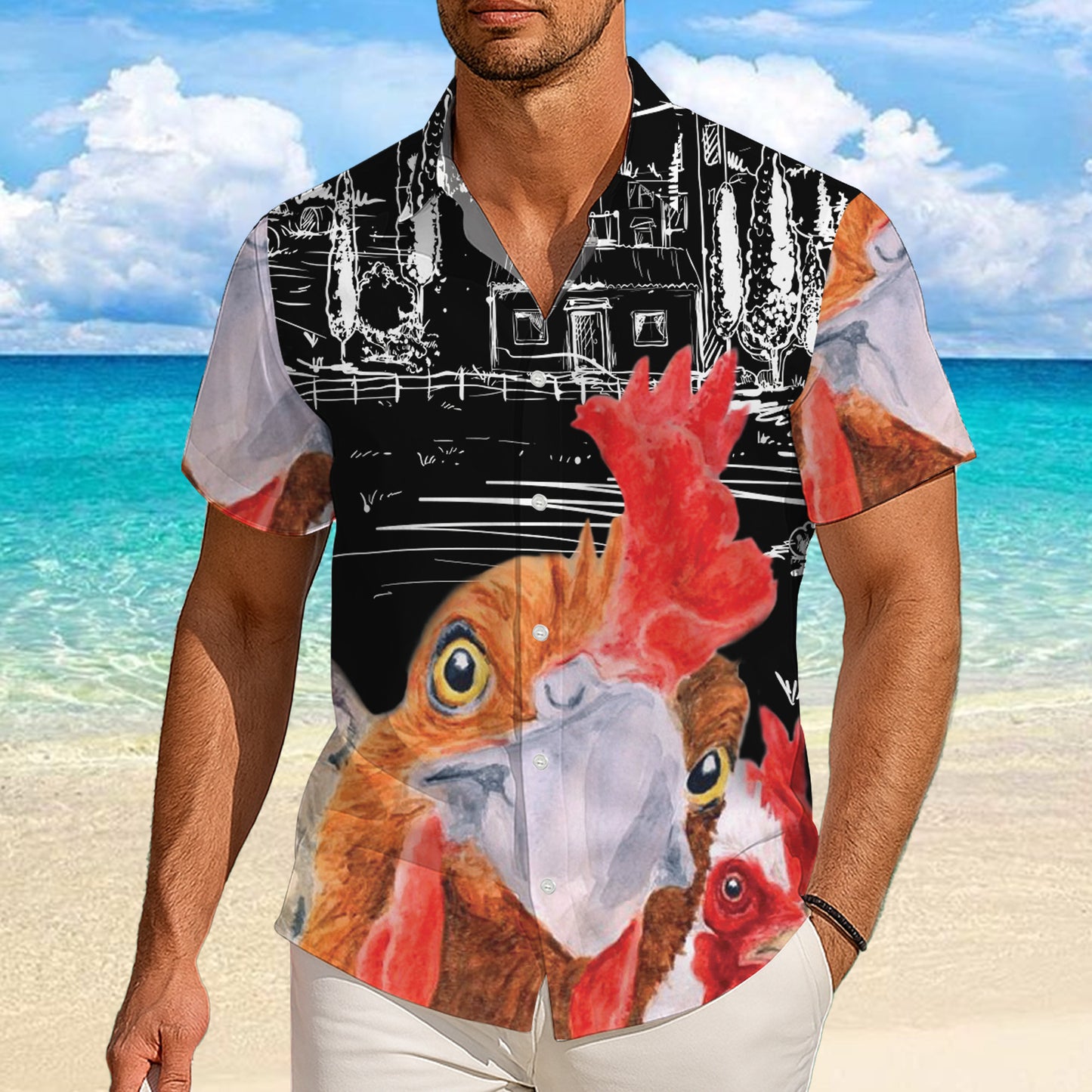 Rooster & Farm House Sketch Art Pattern Hawaiian Shirt Men Women Casual Aloha