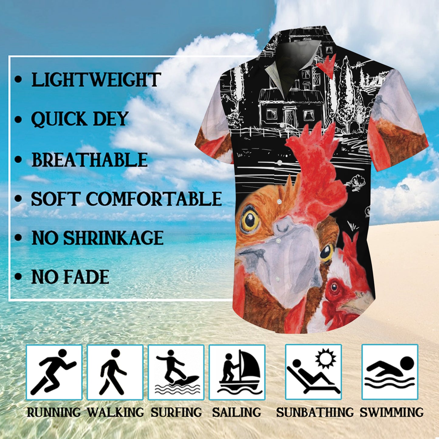 Rooster & Farm House Sketch Art Pattern Hawaiian Shirt Men Women Casual Aloha