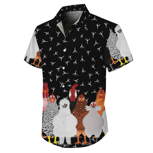 Various Chicken Breeds & Footprint Pattern Hawaiian Shirt Men Women Casual Aloha