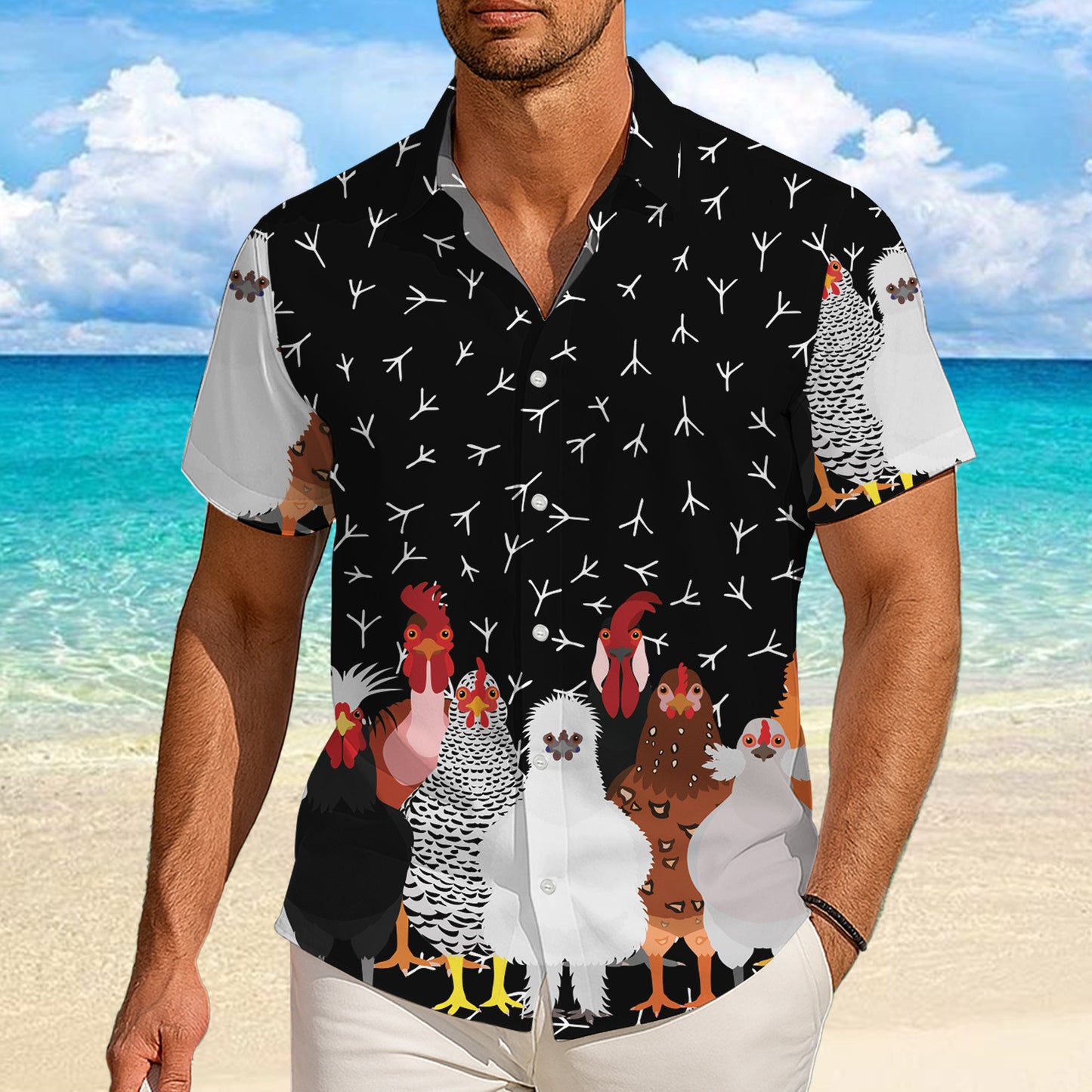 Various Chicken Breeds & Footprint Pattern Hawaiian Shirt Men Women Casual Aloha