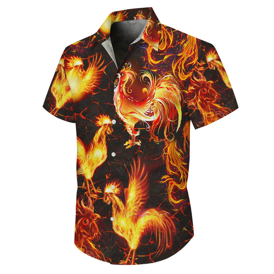 Fire Rooster Artistic Flame Pattern Hawaiian Shirt for Men & Women Aloha