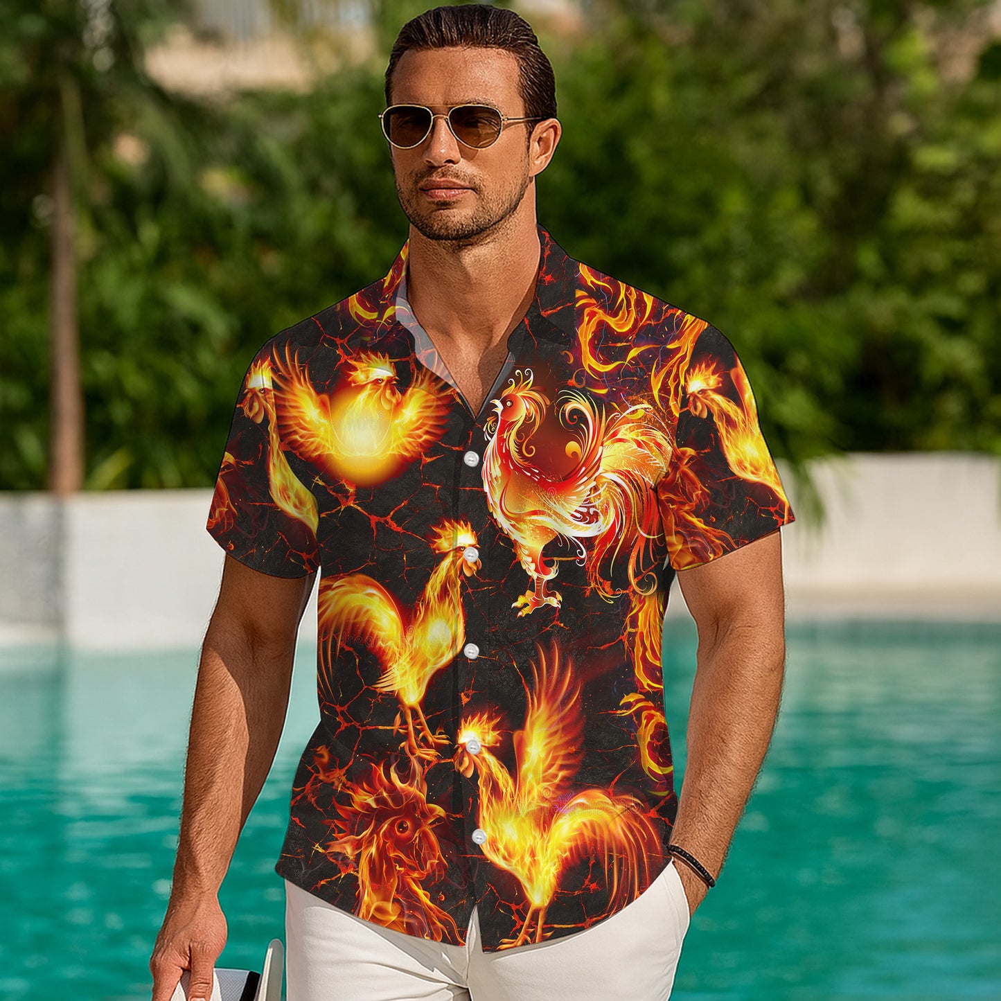 Fire Rooster Artistic Flame Pattern Hawaiian Shirt for Men & Women Aloha