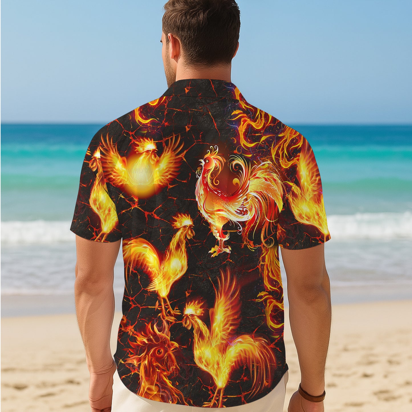 Fire Rooster Artistic Flame Pattern Hawaiian Shirt for Men & Women Aloha