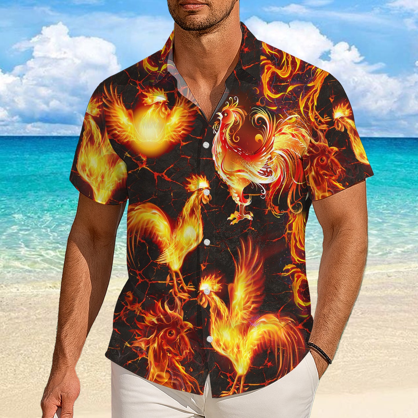 Fire Rooster Artistic Flame Pattern Hawaiian Shirt for Men & Women Aloha