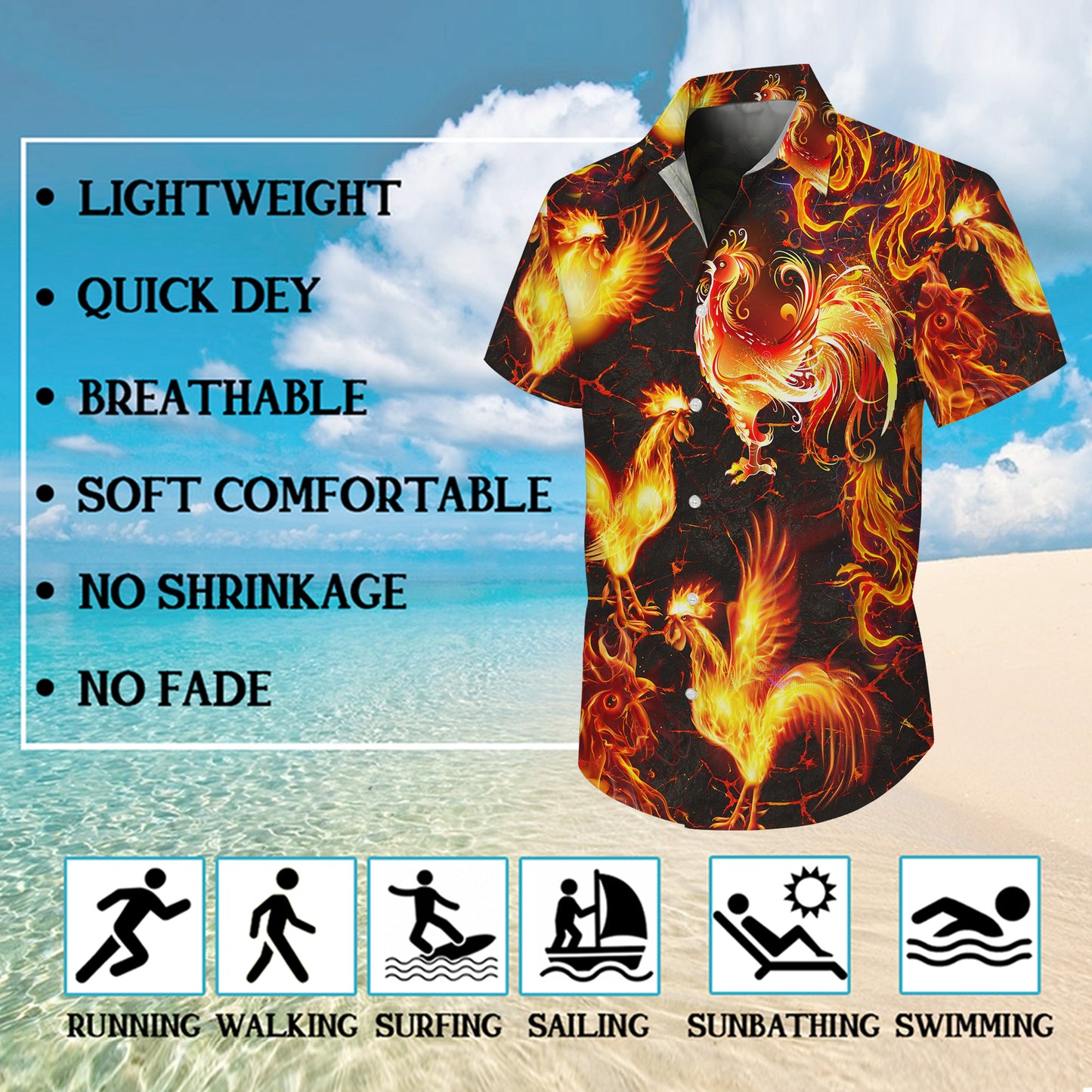 Fire Rooster Artistic Flame Pattern Hawaiian Shirt for Men & Women Aloha