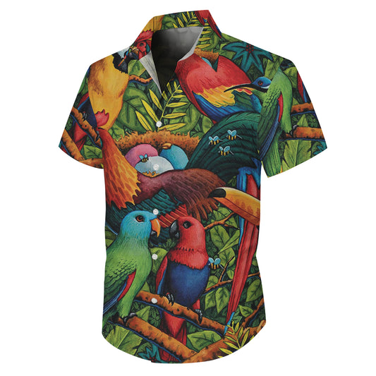 Rooster & Parrot Tropical Rainforest Jungle Pattern Hawaiian Shirt Men Women Aloha
