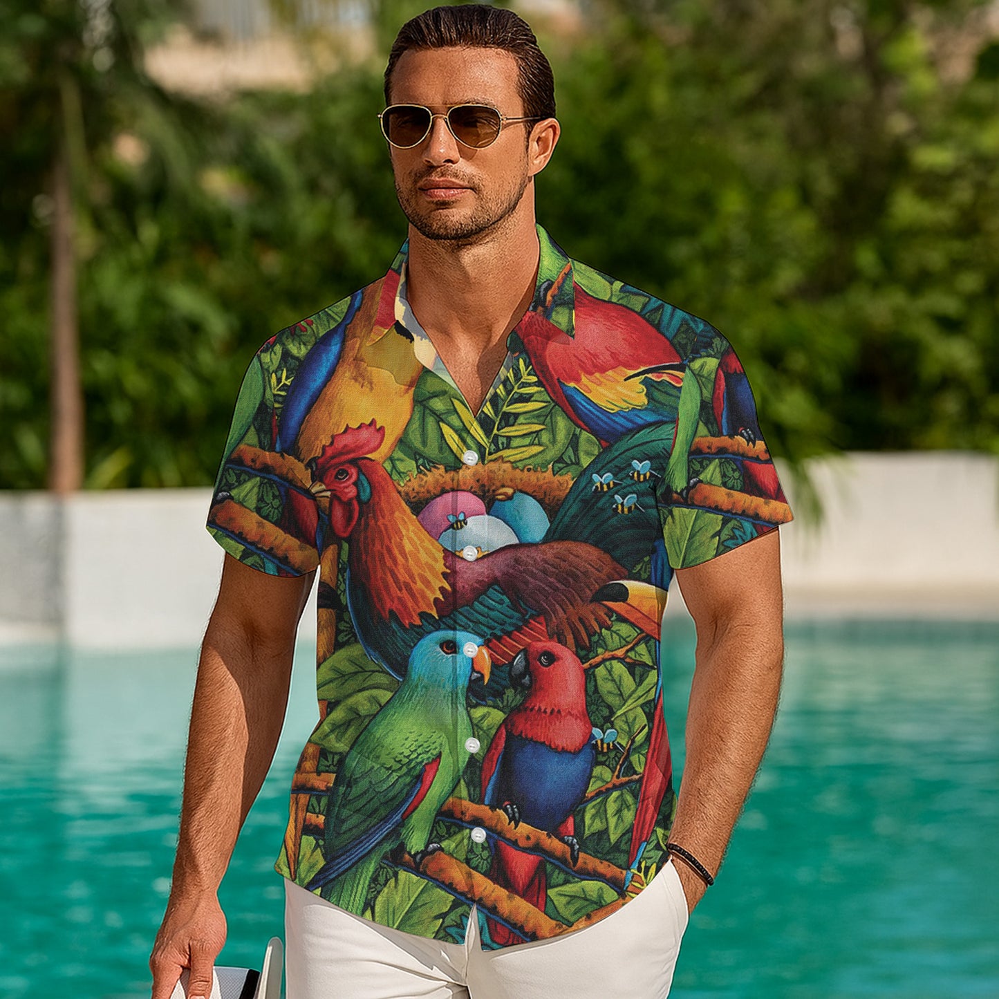 Rooster & Parrot Tropical Rainforest Jungle Pattern Hawaiian Shirt Men Women Aloha