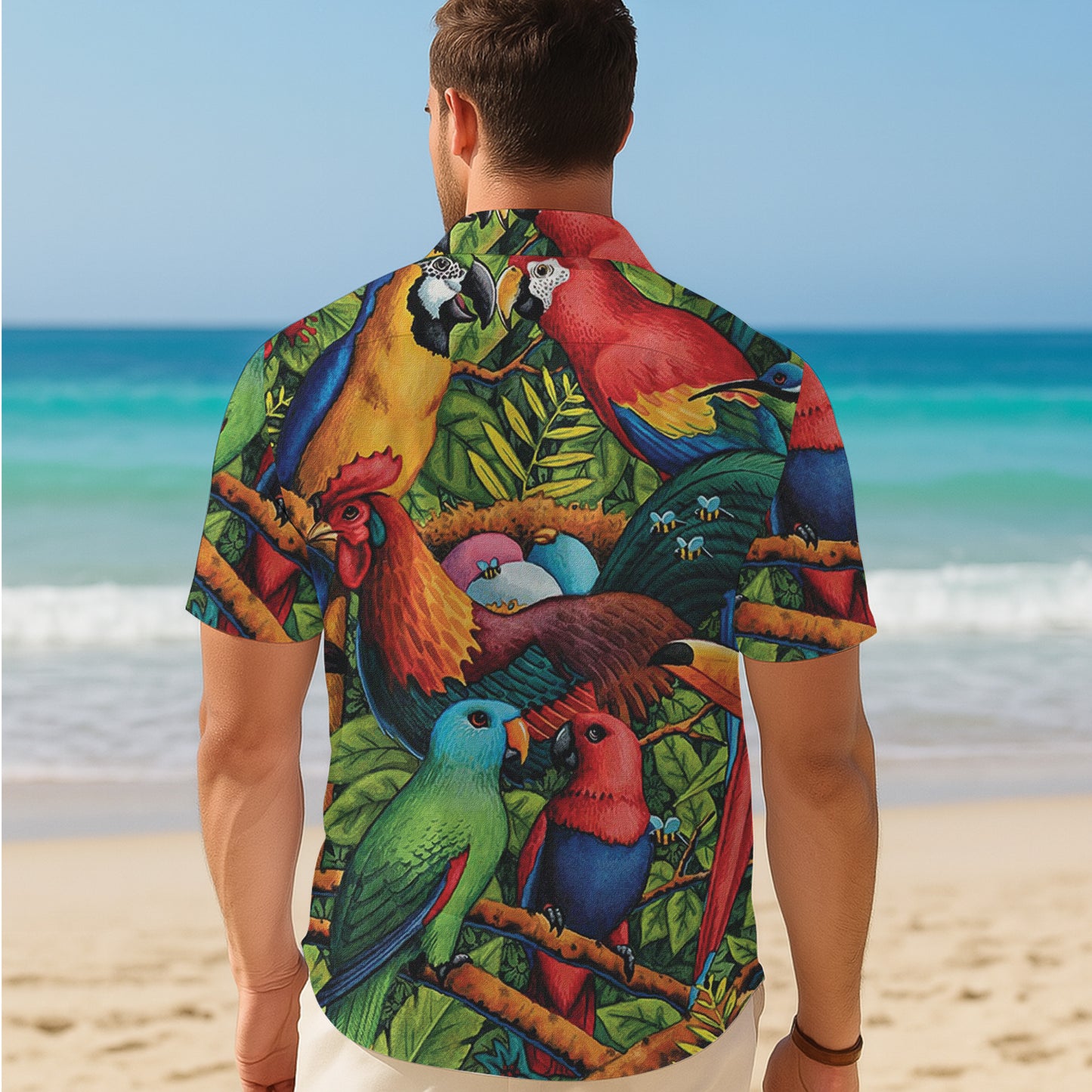 Rooster & Parrot Tropical Rainforest Jungle Pattern Hawaiian Shirt Men Women Aloha