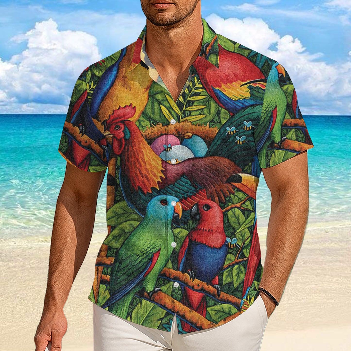 Rooster & Parrot Tropical Rainforest Jungle Pattern Hawaiian Shirt Men Women Aloha