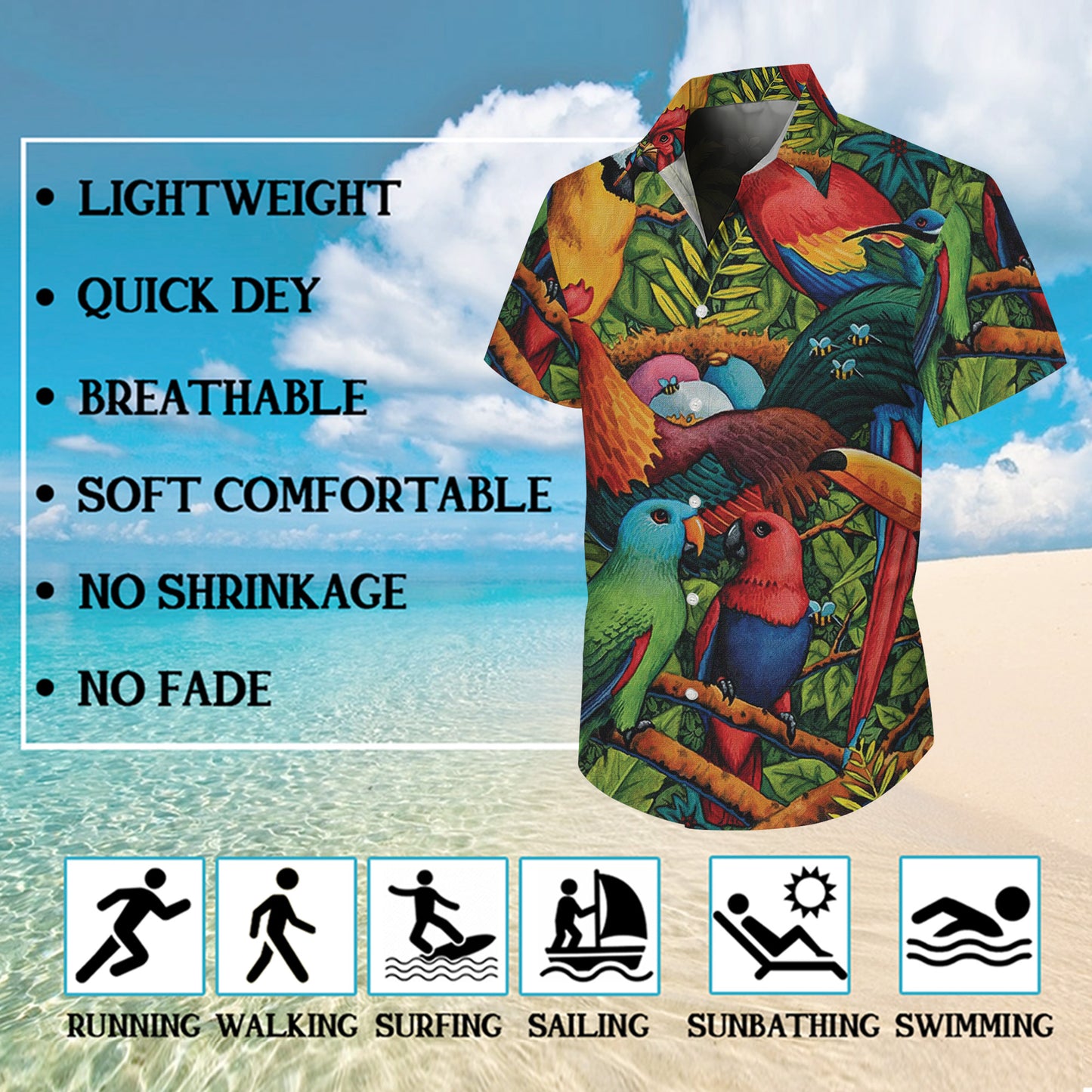 Rooster & Parrot Tropical Rainforest Jungle Pattern Hawaiian Shirt Men Women Aloha