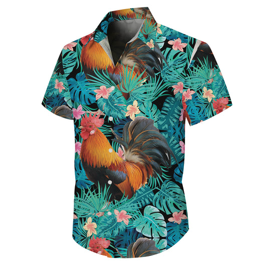 Rooster Tropical Green Leaves Floral Pattern Hawaiian Shirt Men Women Aloha