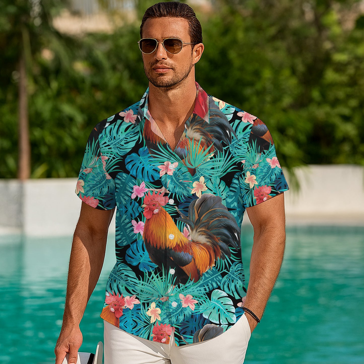 Rooster Tropical Green Leaves Floral Pattern Hawaiian Shirt Men Women Aloha