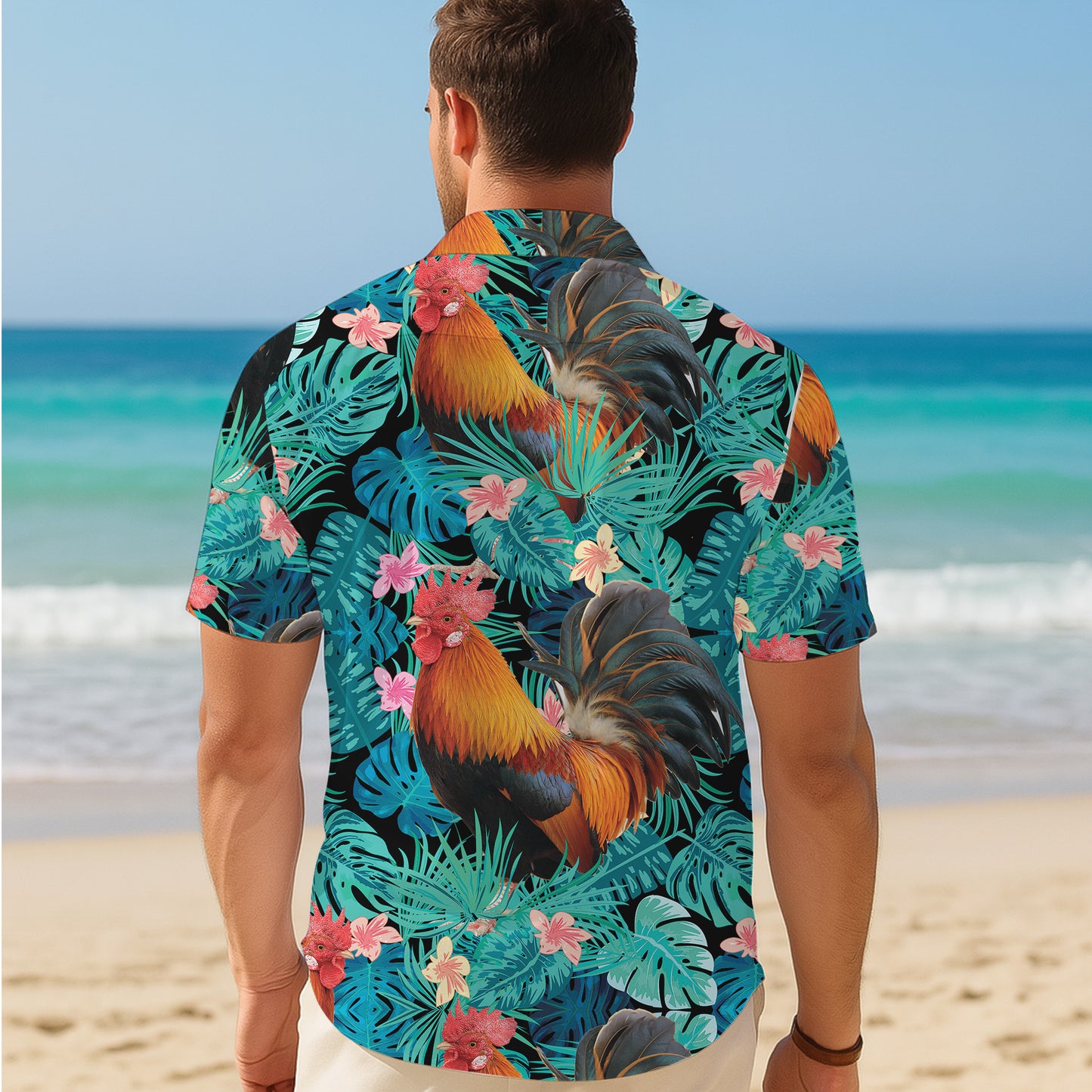Rooster Tropical Green Leaves Floral Pattern Hawaiian Shirt Men Women Aloha