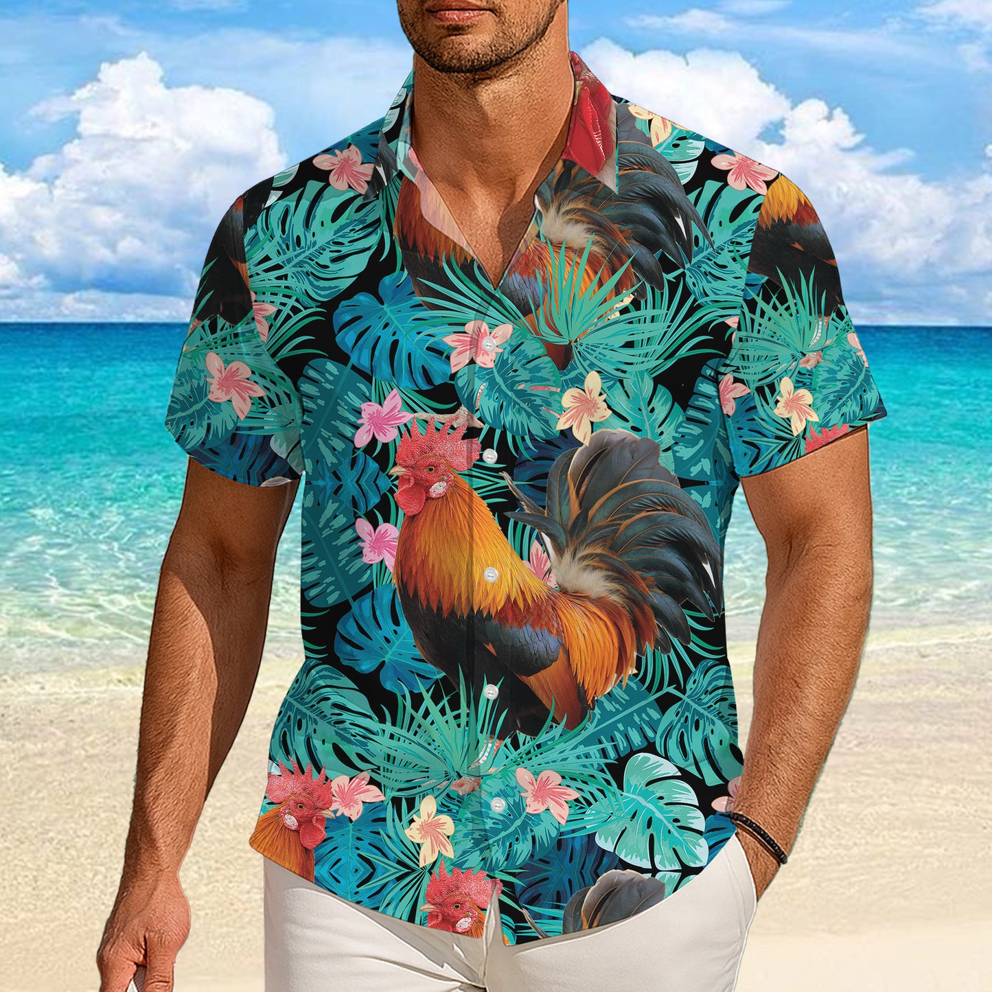 Rooster Tropical Green Leaves Floral Pattern Hawaiian Shirt Men Women Aloha