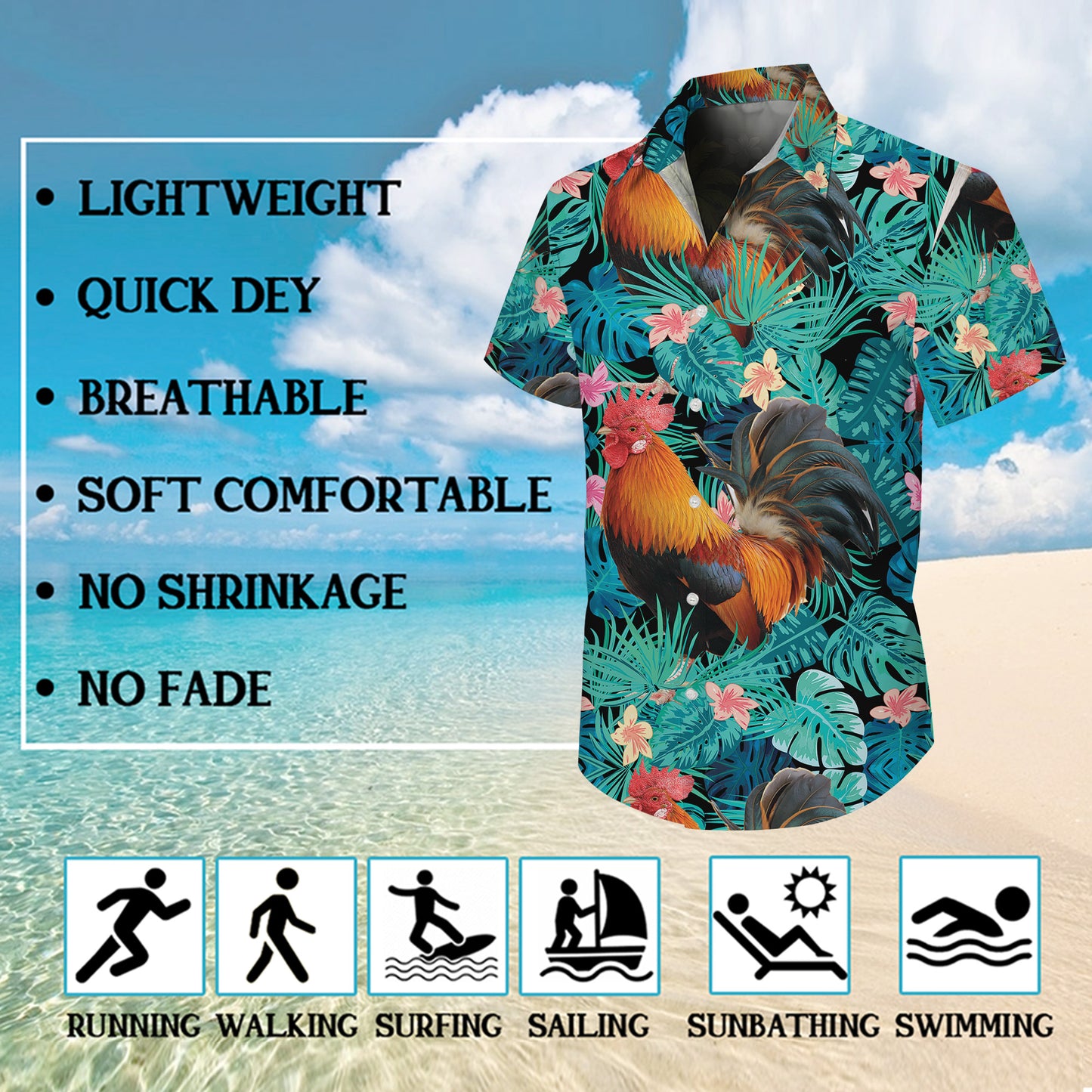 Rooster Tropical Green Leaves Floral Pattern Hawaiian Shirt Men Women Aloha