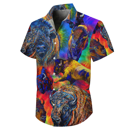 Colorful Abstract American Bison Art Pattern Hawaiian Shirt Men Women Casual Aloha
