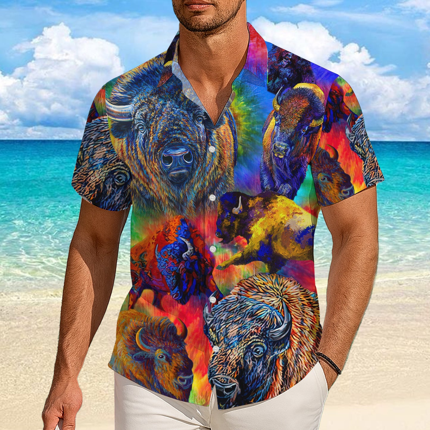 Colorful Abstract American Bison Art Pattern Hawaiian Shirt Men Women Casual Aloha