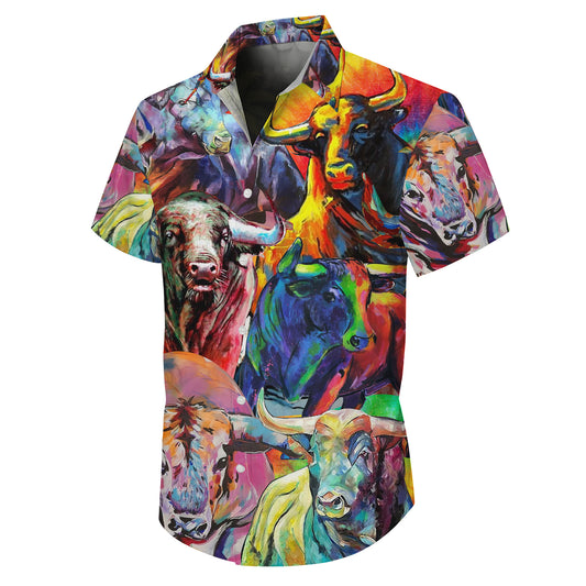 Colorful Abstract Bull Oil Painting Art Pattern Hawaiian Shirt Men Women Casual Aloha