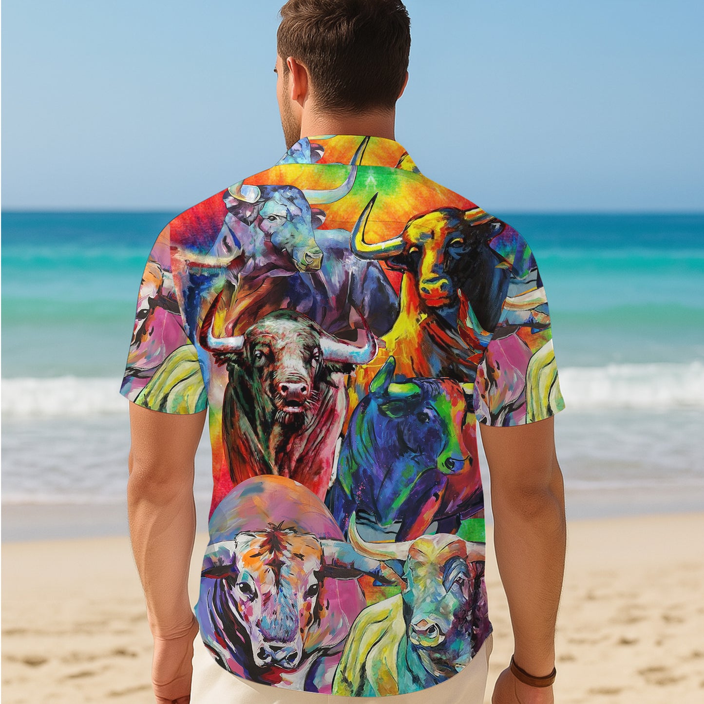 Colorful Abstract Bull Oil Painting Art Pattern Hawaiian Shirt Men Women Casual Aloha