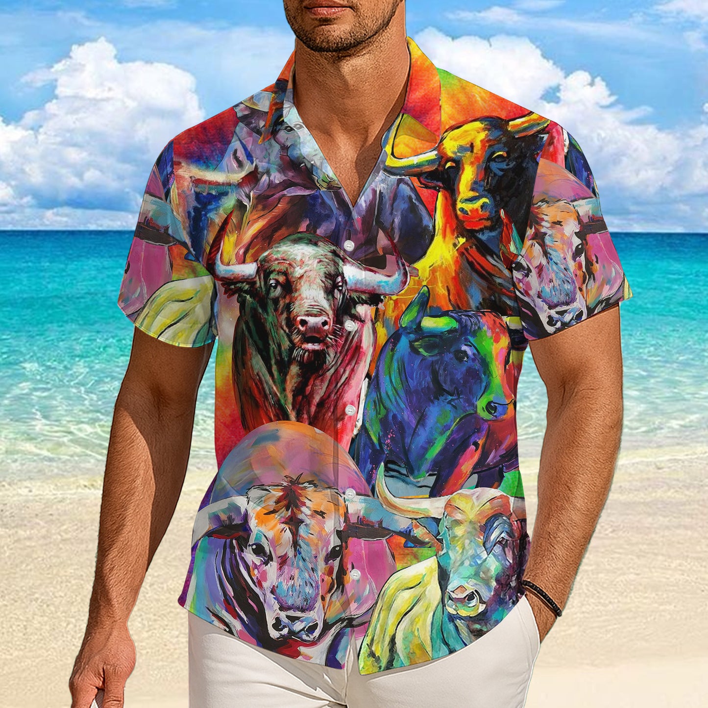 Colorful Abstract Bull Oil Painting Art Pattern Hawaiian Shirt Men Women Casual Aloha