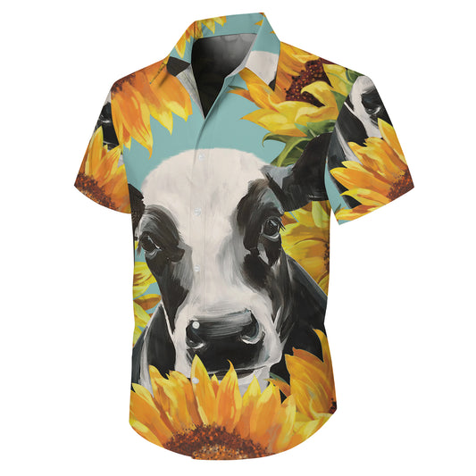 Farm Cow & Sunflower Pattern Hawaiian Shirt Men Women Casual Summer Aloha Shirt
