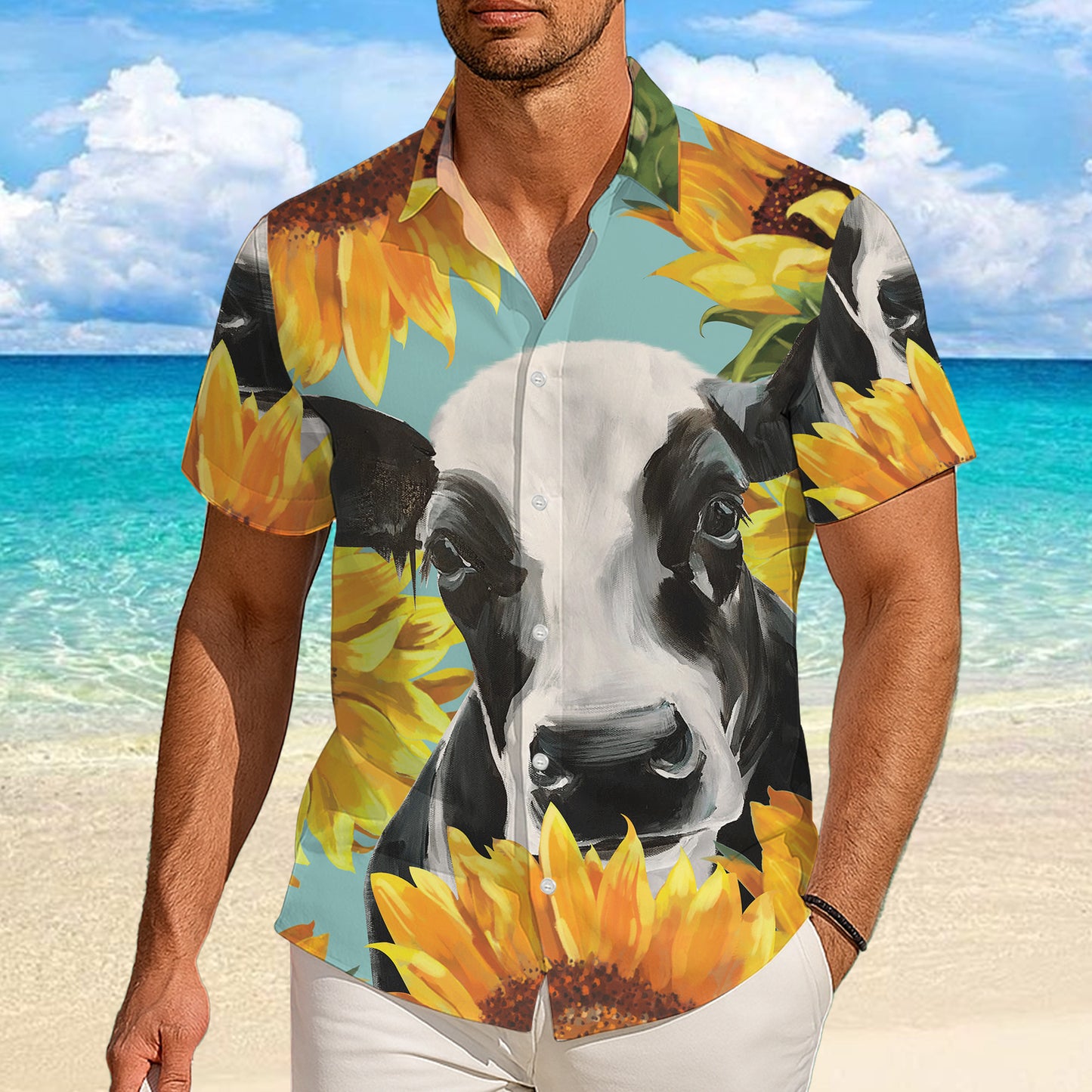 Farm Cow & Sunflower Pattern Hawaiian Shirt Men Women Casual Summer Aloha Shirt