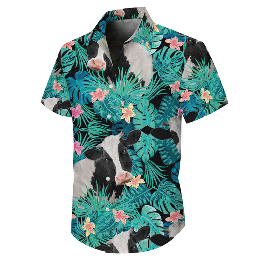 Tropical Cow & Palm Leaves Pattern Hawaiian Shirt Men Women Summer Beach Aloha