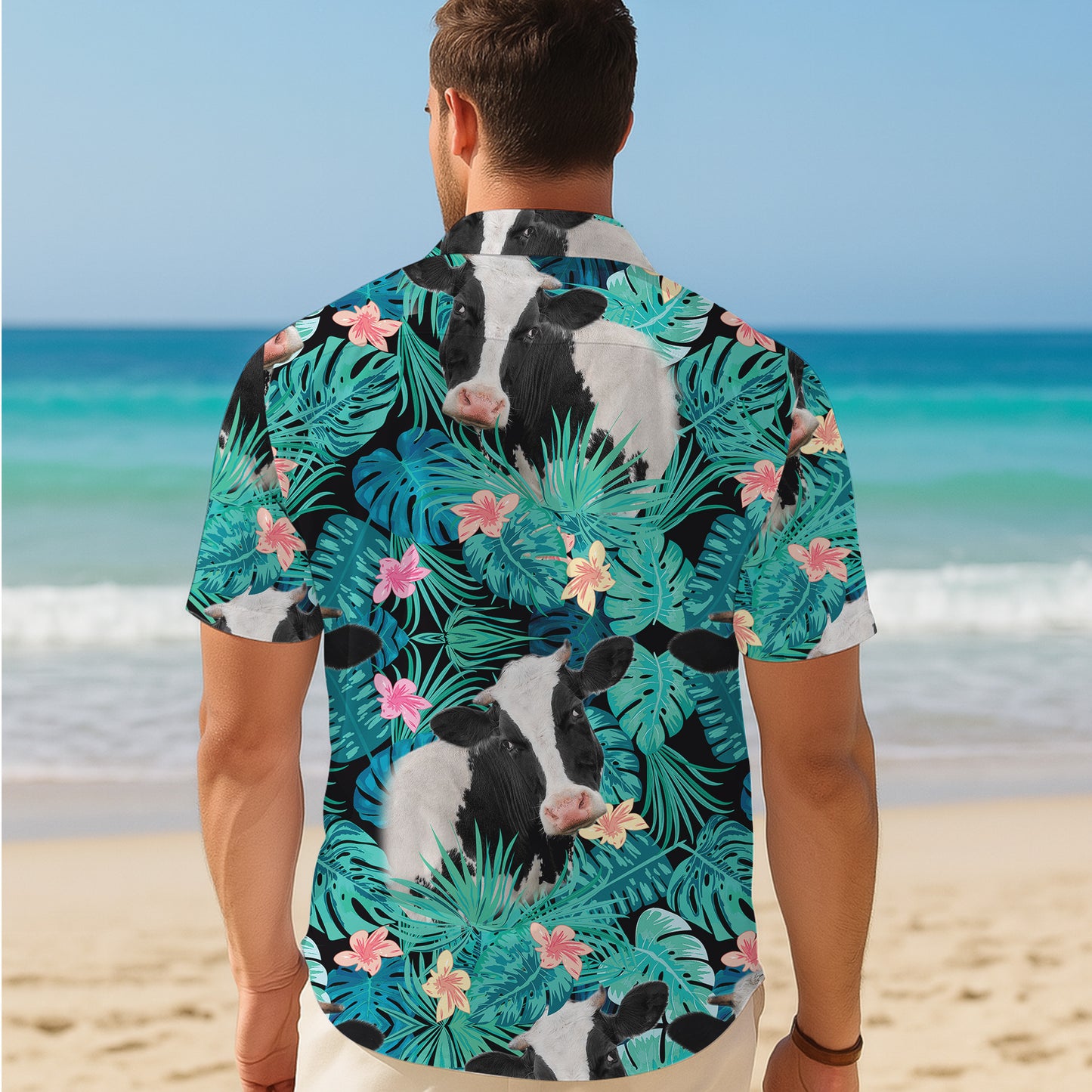 Tropical Cow & Palm Leaves Pattern Hawaiian Shirt Men Women Summer Beach Aloha