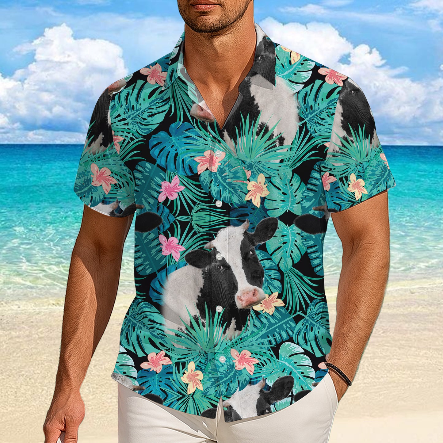 Tropical Cow & Palm Leaves Pattern Hawaiian Shirt Men Women Summer Beach Aloha