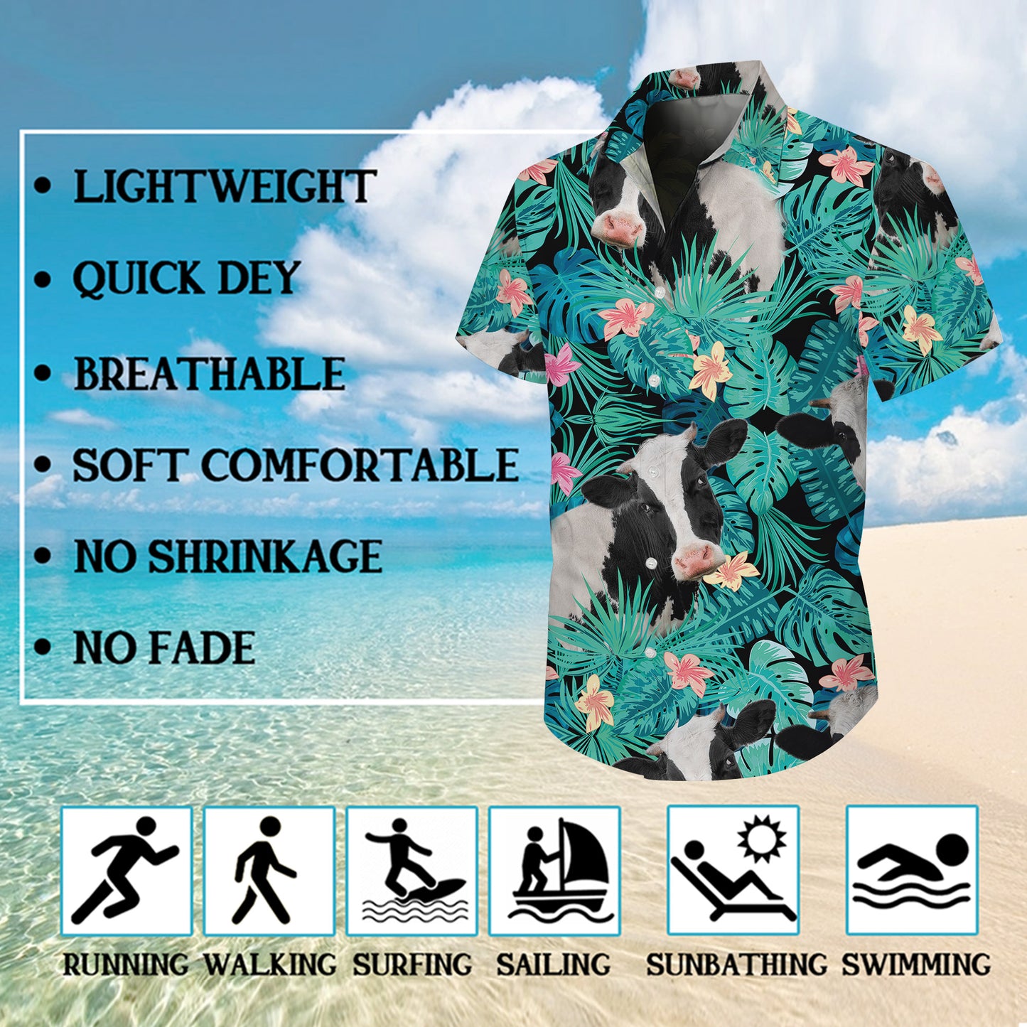 Tropical Cow & Palm Leaves Pattern Hawaiian Shirt Men Women Summer Beach Aloha