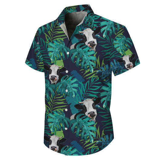Tropical Night Cow & Jungle Leaves Pattern Hawaiian Shirt Men Women Summer Aloha