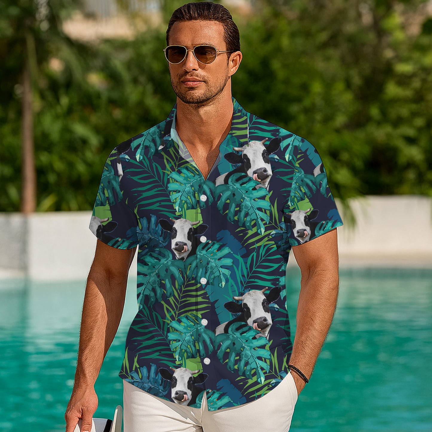 Tropical Night Cow & Jungle Leaves Pattern Hawaiian Shirt Men Women Summer Aloha